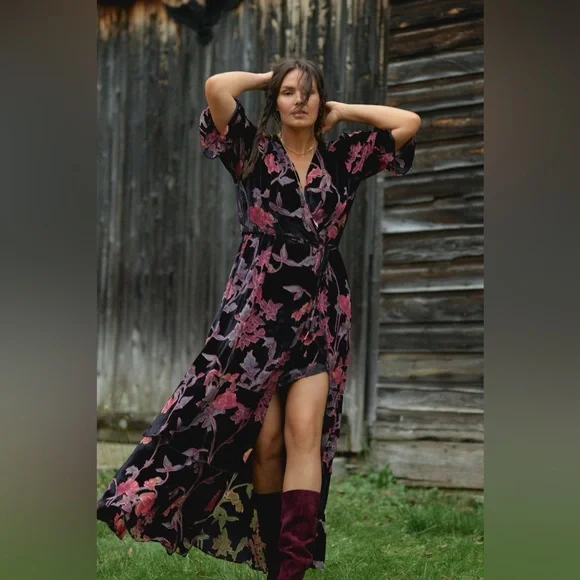 Hutch Black Motif Tiered Velvet Wrap Dress - Picture 2 of 9